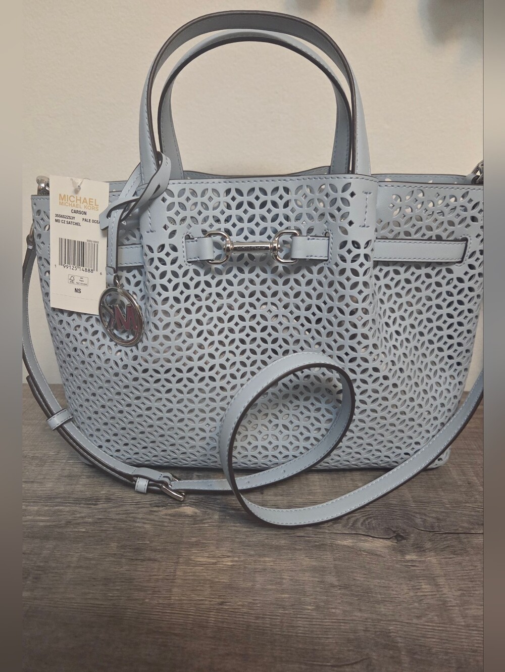 NWT Michael Kors Carson Pale Blue Perforated Leather Satchel